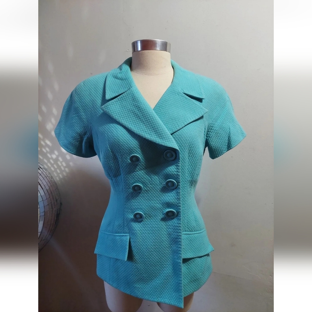 Vintage Christian Dior Teal Double Breasted Blazer Jacket Short Sleeve Women’s 8